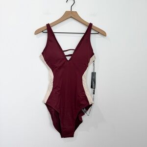 NWT TA3 Plungey One Piece Swimsuit in Contour Dark Cherry Oat Small Extra Long